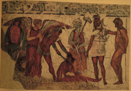 Etruskisch fresco met engel bij stervende man